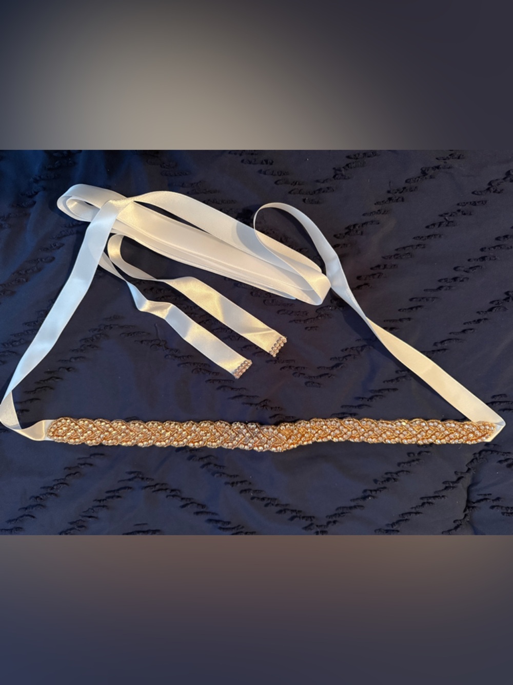 NWOT Rose Gold Crystal Braided Ribbon Sash Belt with White Satin Ties